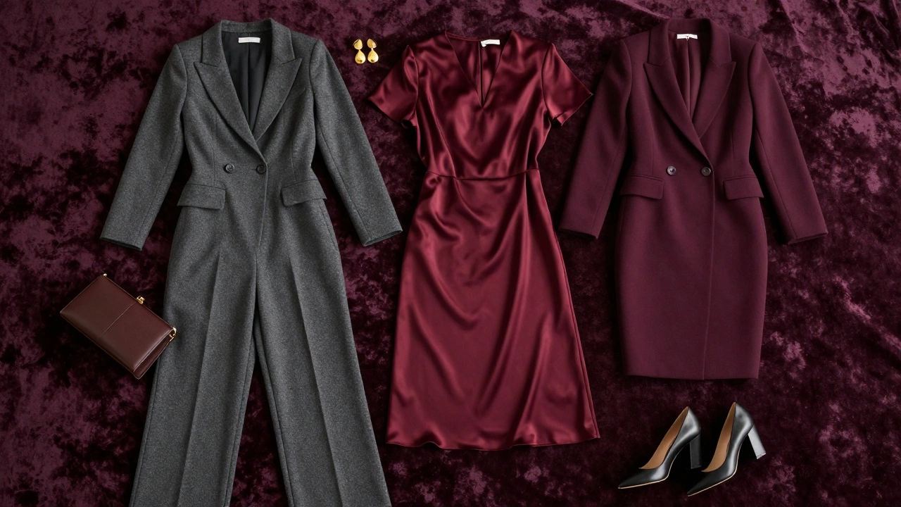 Elegant women's outfits including jumpsuit and midi dress on velvet