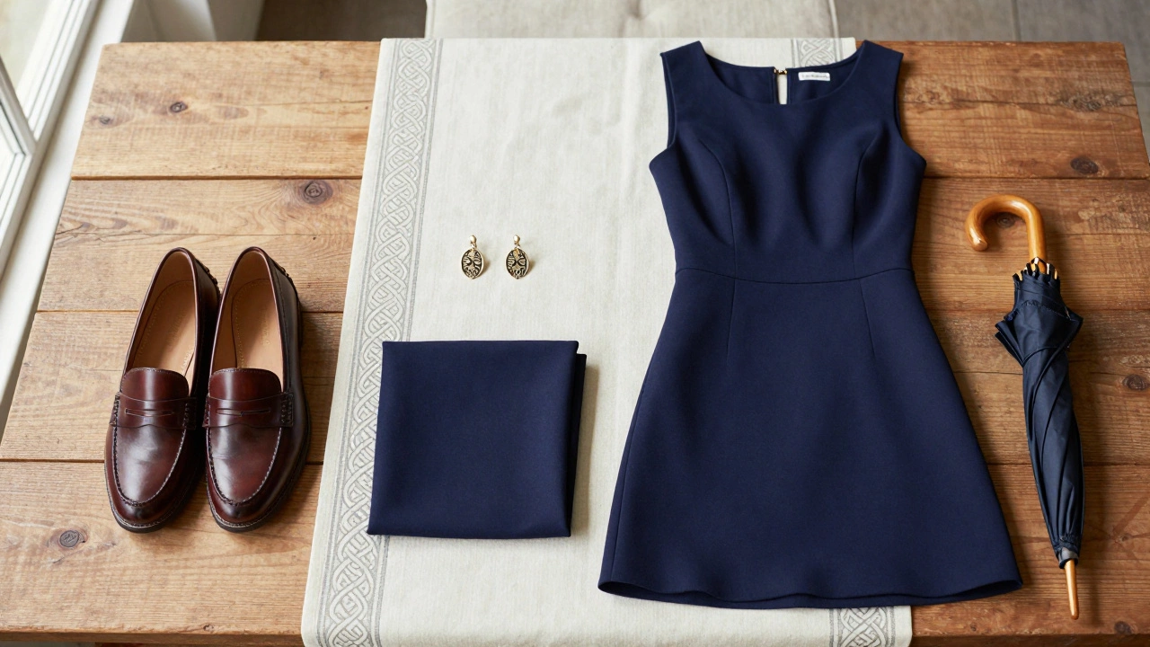 Flat lay of navy dress, leather shoes, jewelry, and umbrella on wooden table.