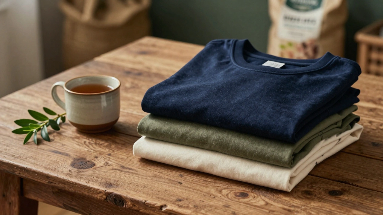 Folded premium tees on oak table with tea and greenery