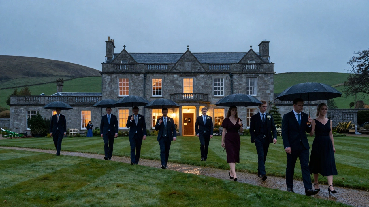 Guests arriving at an Irish country house wedding in evening rain