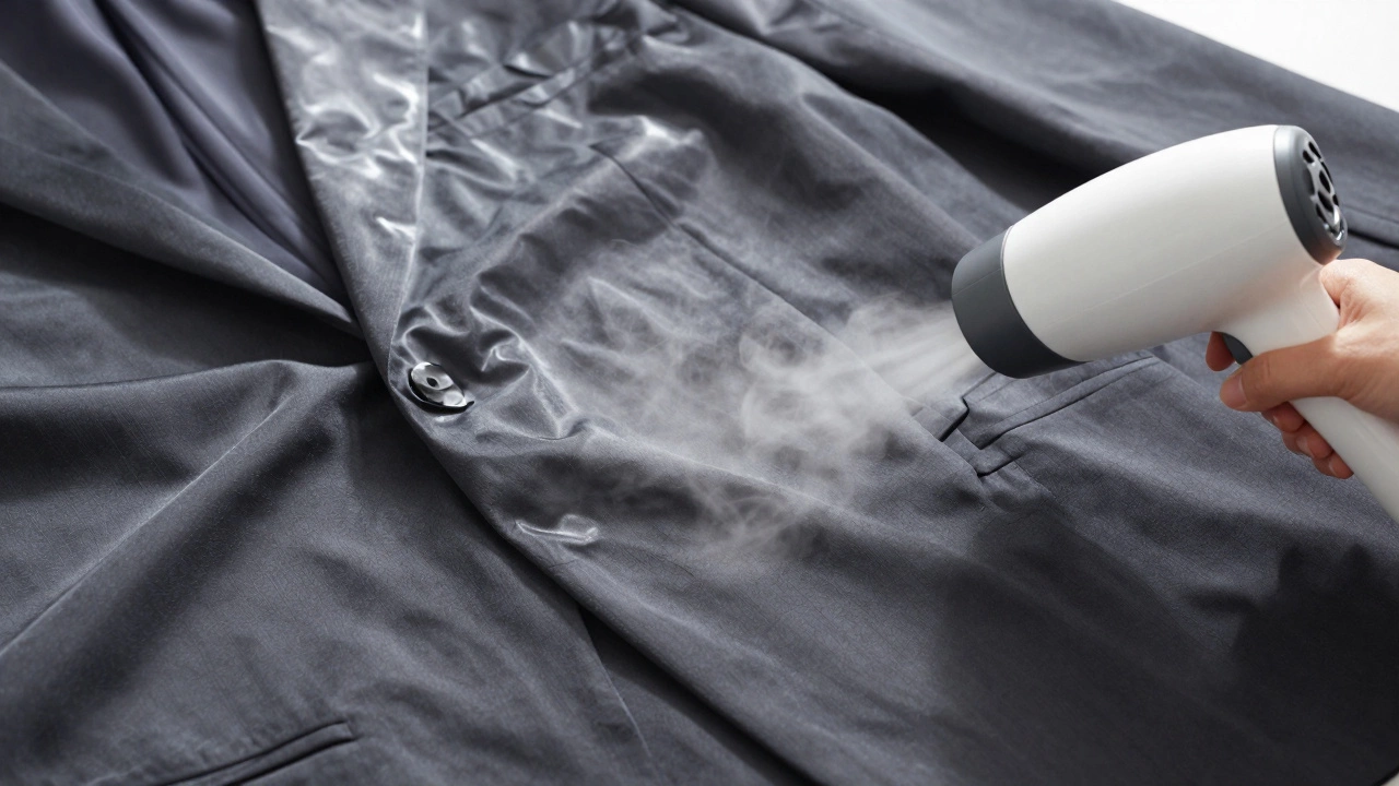 Handheld steamer removing wrinkles from synthetic suit fabric