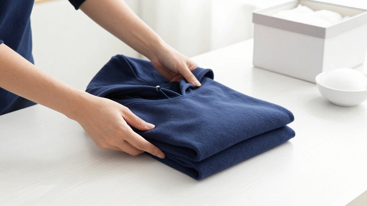 Hands folding a navy hoodie into a neat square on a table