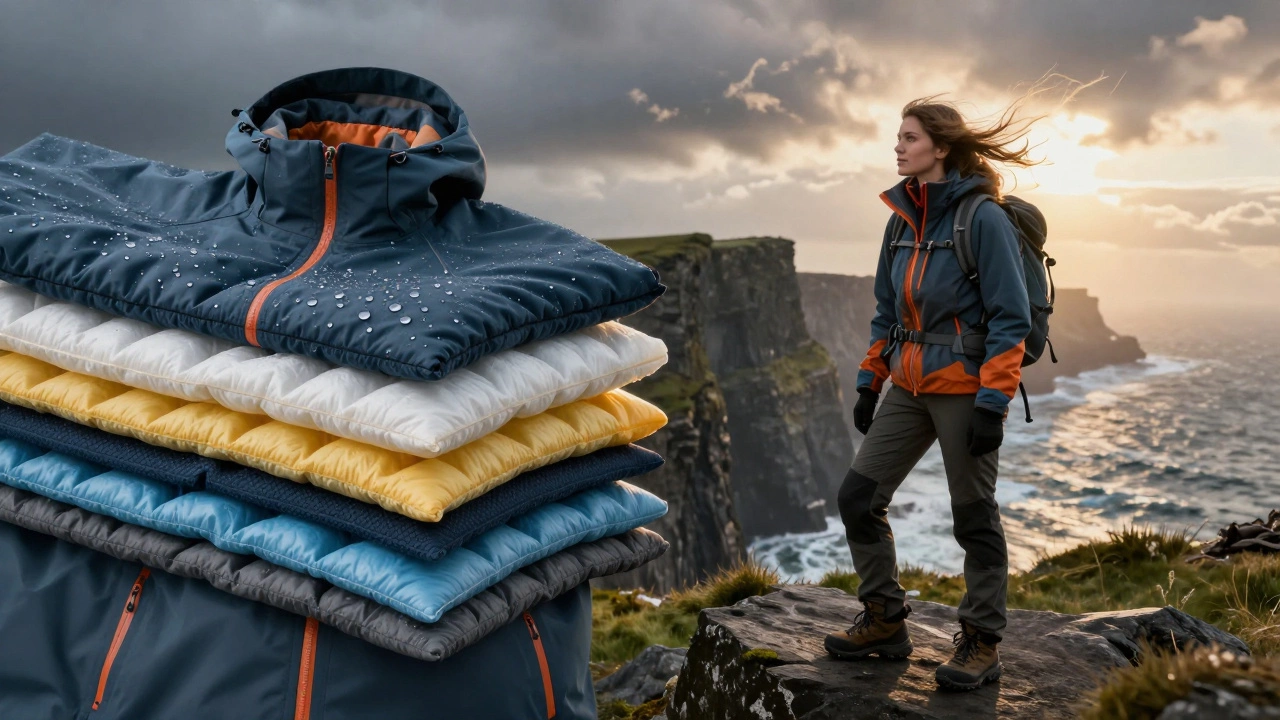 Hiker in layered clothing at Cliffs of Moher with jacket tech details