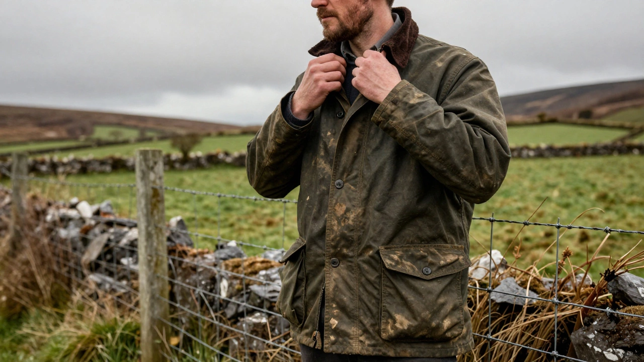 Irish farmer in waxed cotton jacket in muddy rural landscape
