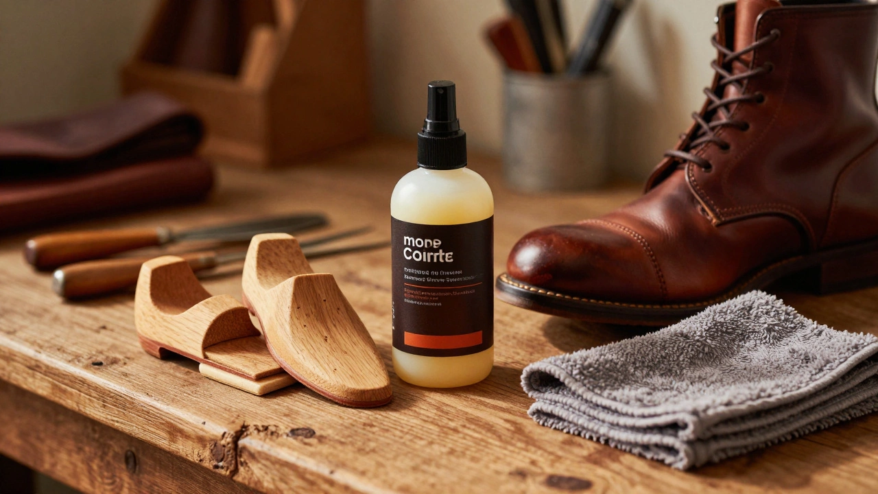 Leather conditioner and cedar shoe trees on a rustic wooden bench