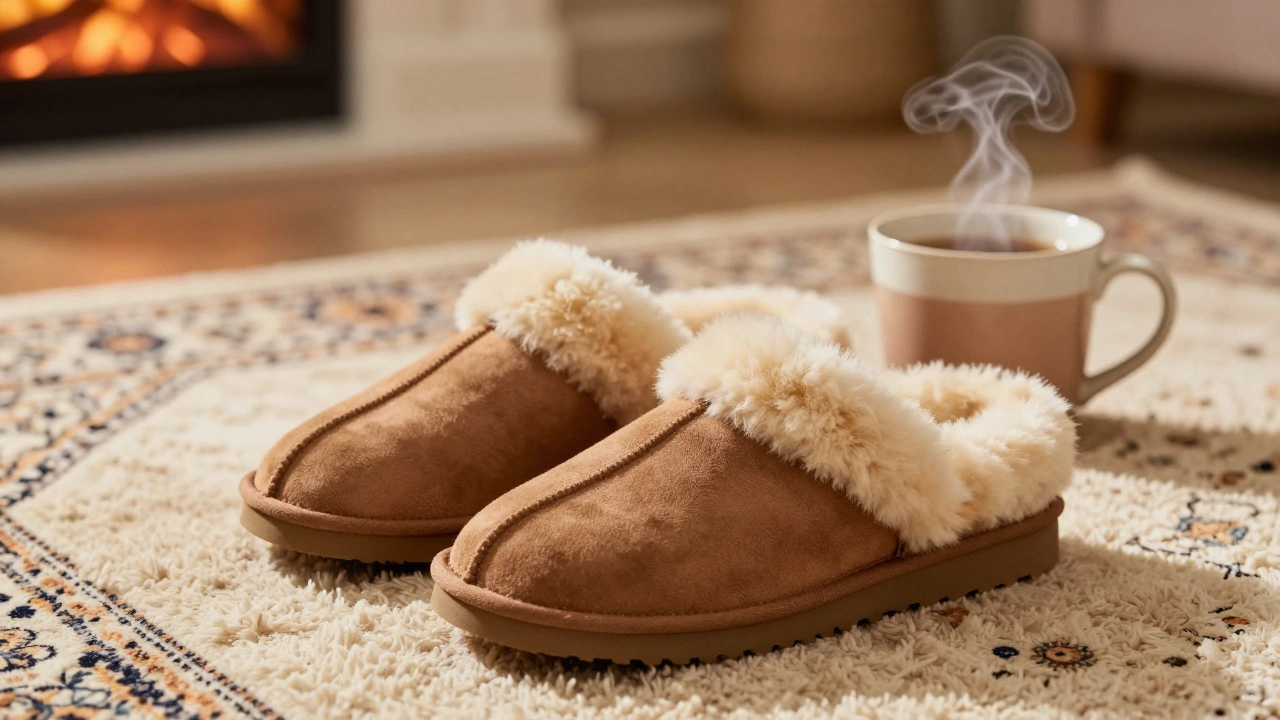 Luxurious shearling slippers on a rug with a cup of tea.
