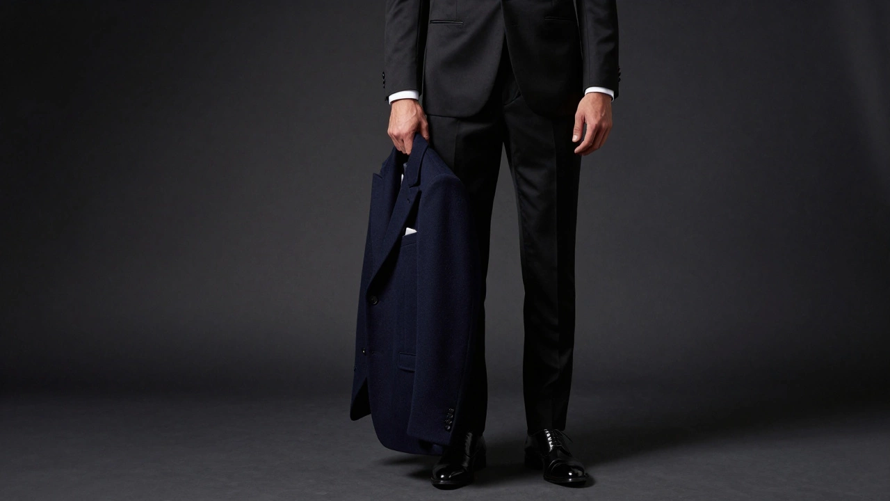 Man in black tuxedo with coat and patent shoes