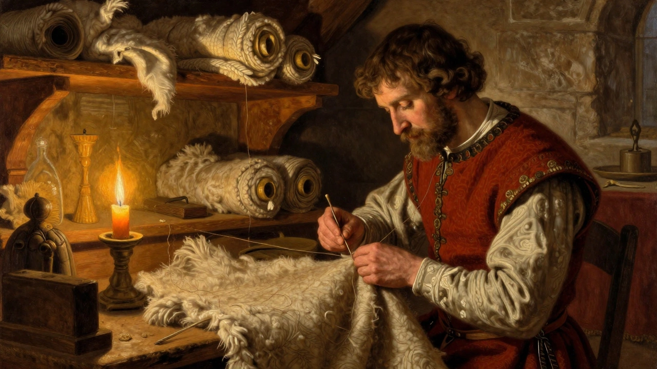 Medieval tailor stitching wool coat in warm workshop