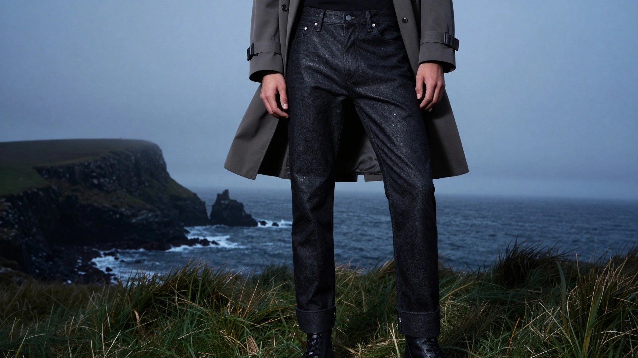 Model in dark heavy denim by the Irish coast