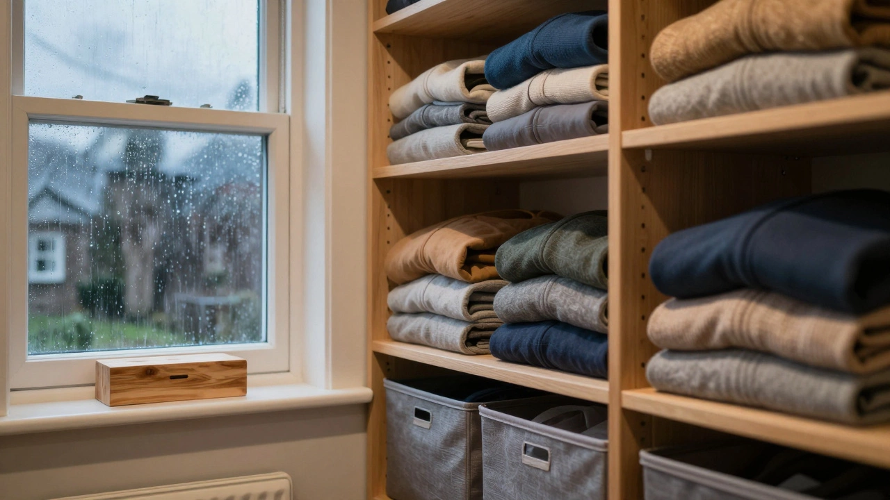 Organized closet with folded hoodies and cedar blocks