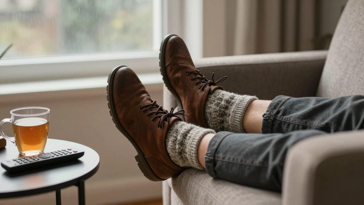 Person wearing thick wool socks trying on new leather shoes indoors