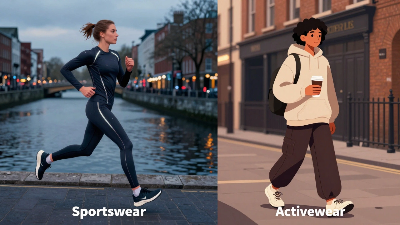 Runner in technical gear vs. person in casual activewear in Dublin streets.