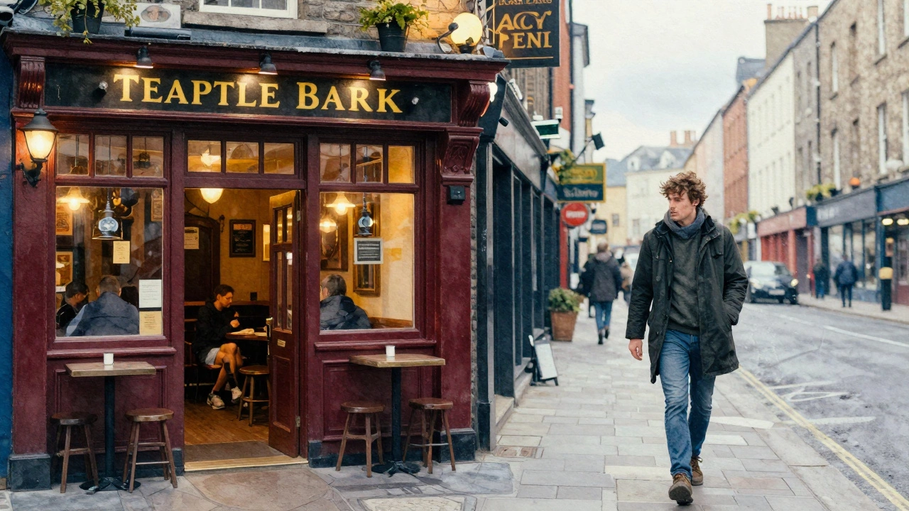 Split view showing comfort in a pub vs shivering on windy Dublin street