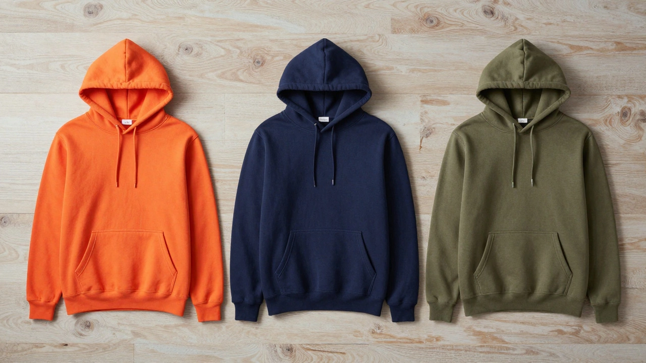 Three hoodies showing budget, mid-range, and premium fabric qualities