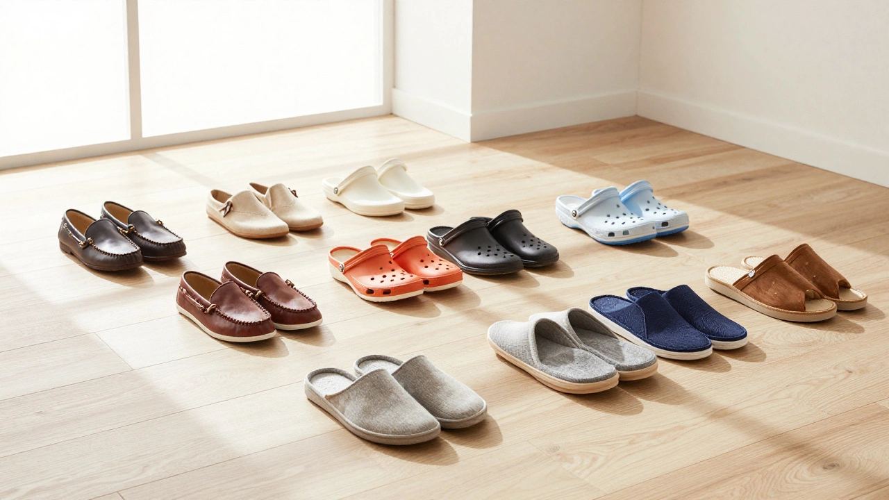 Various slipper styles arranged on a bright wooden floor.