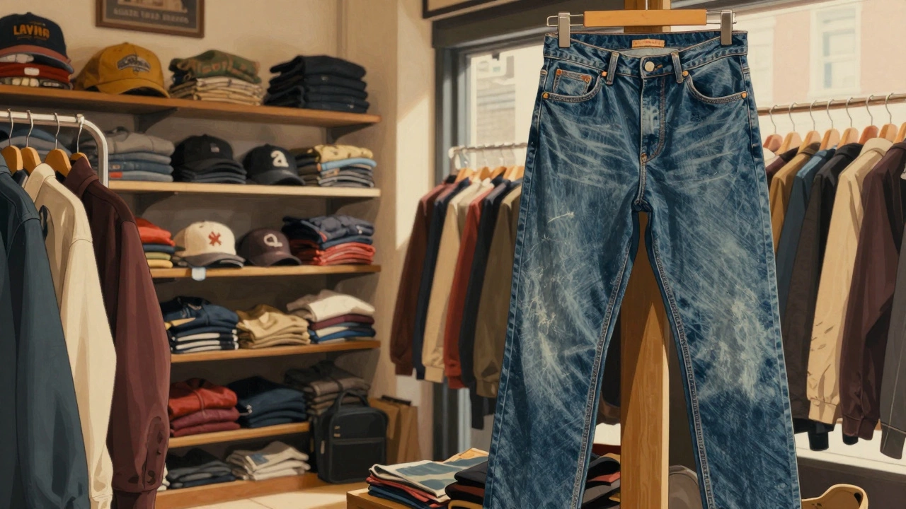 Vintage Levi's jeans hanging in a sunny thrift store