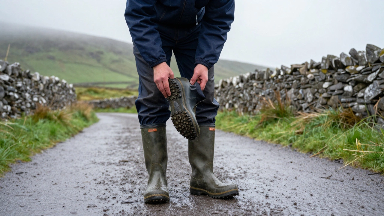 Worker inspecting boots in rainy Irish countryside