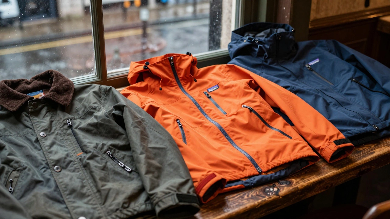 Barbour, Patagonia, and Dubarry jackets displayed on wooden table