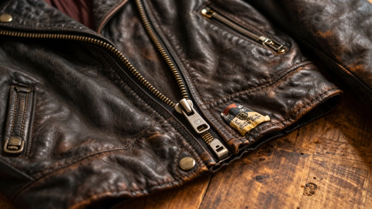 Close-up of authentic 1999 leather jacket tags and zipper