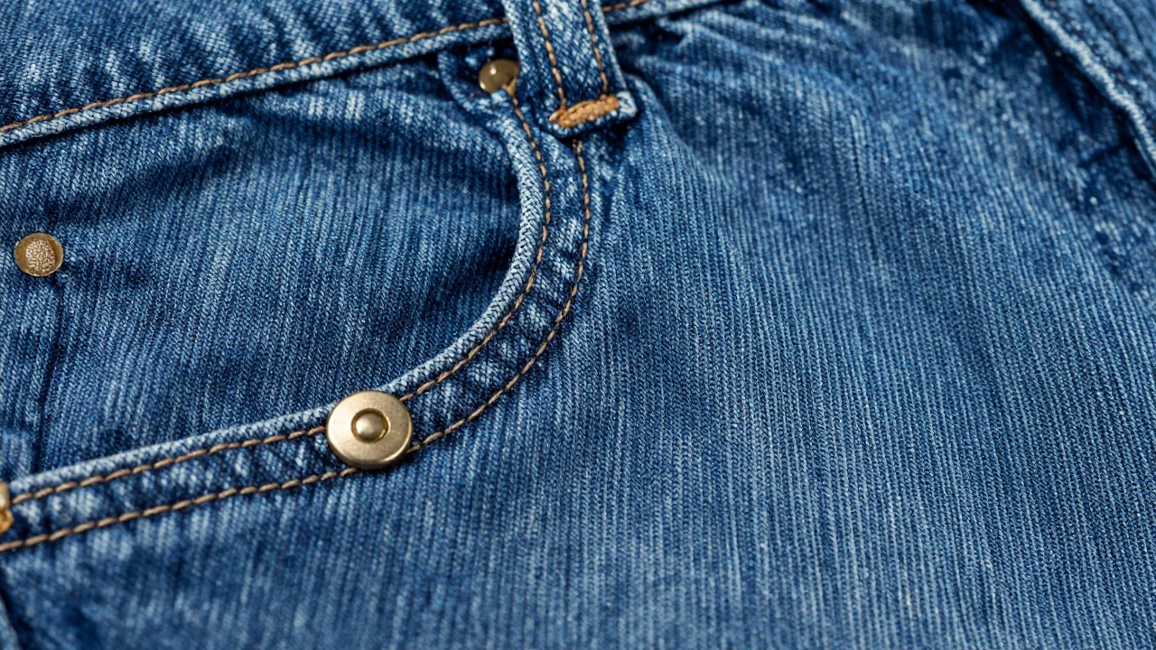 Close-up of denim fabric texture, stitching, and rivet detail