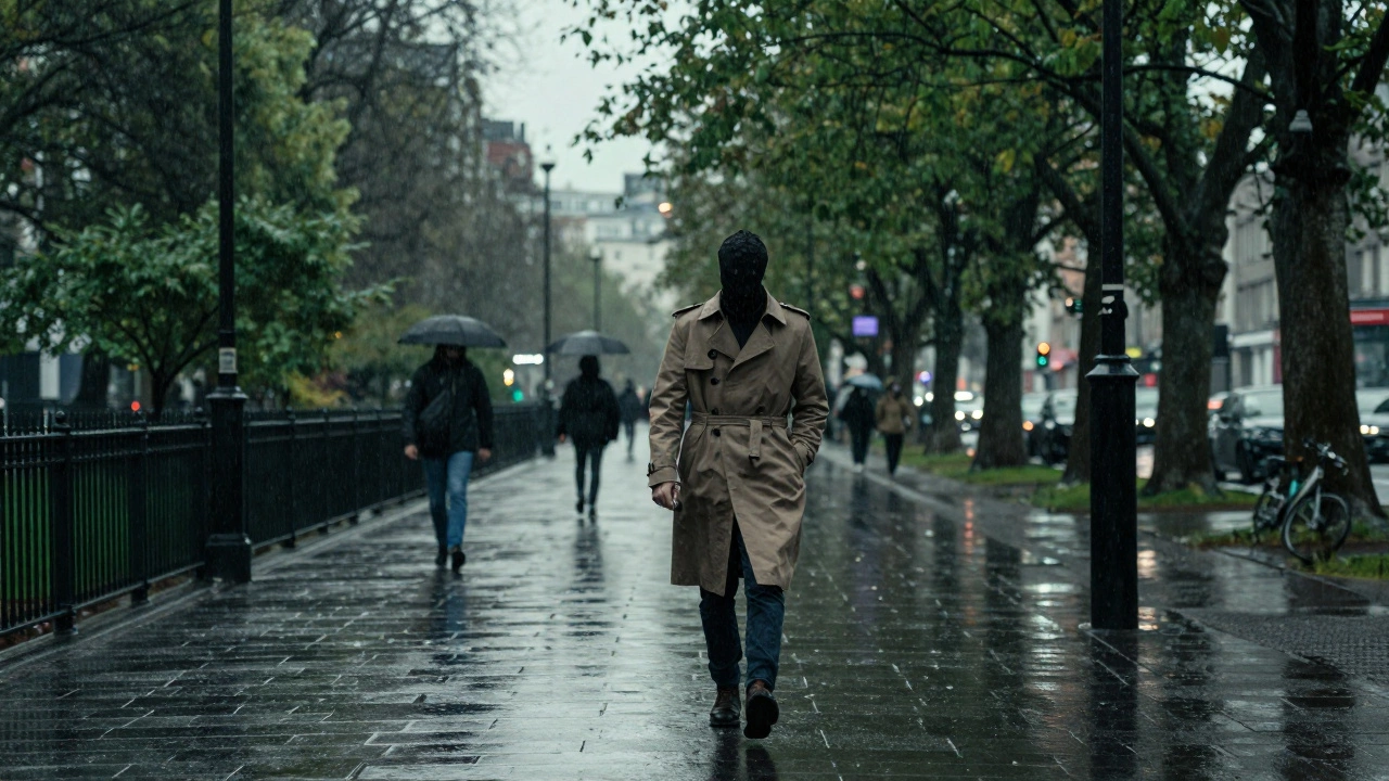 Commuter in stylish coat walking through rainy Phoenix Park Dublin