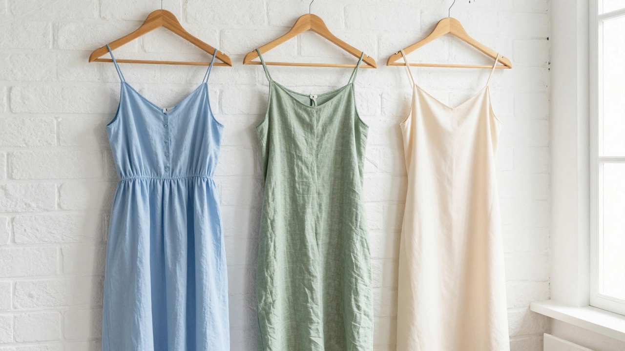 Cotton, linen, and Tencel dresses hanging
