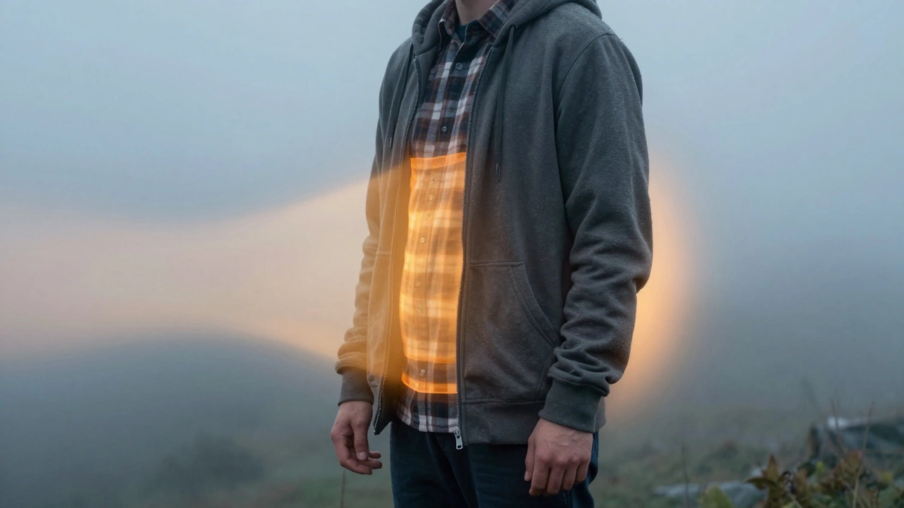 Diagram showing warm air trapped inside a layered hoodie
