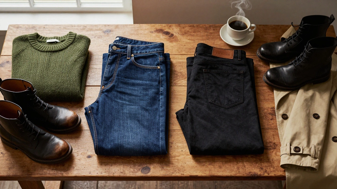 Flat lay of dark indigo and black jeans with wool sweater and boots