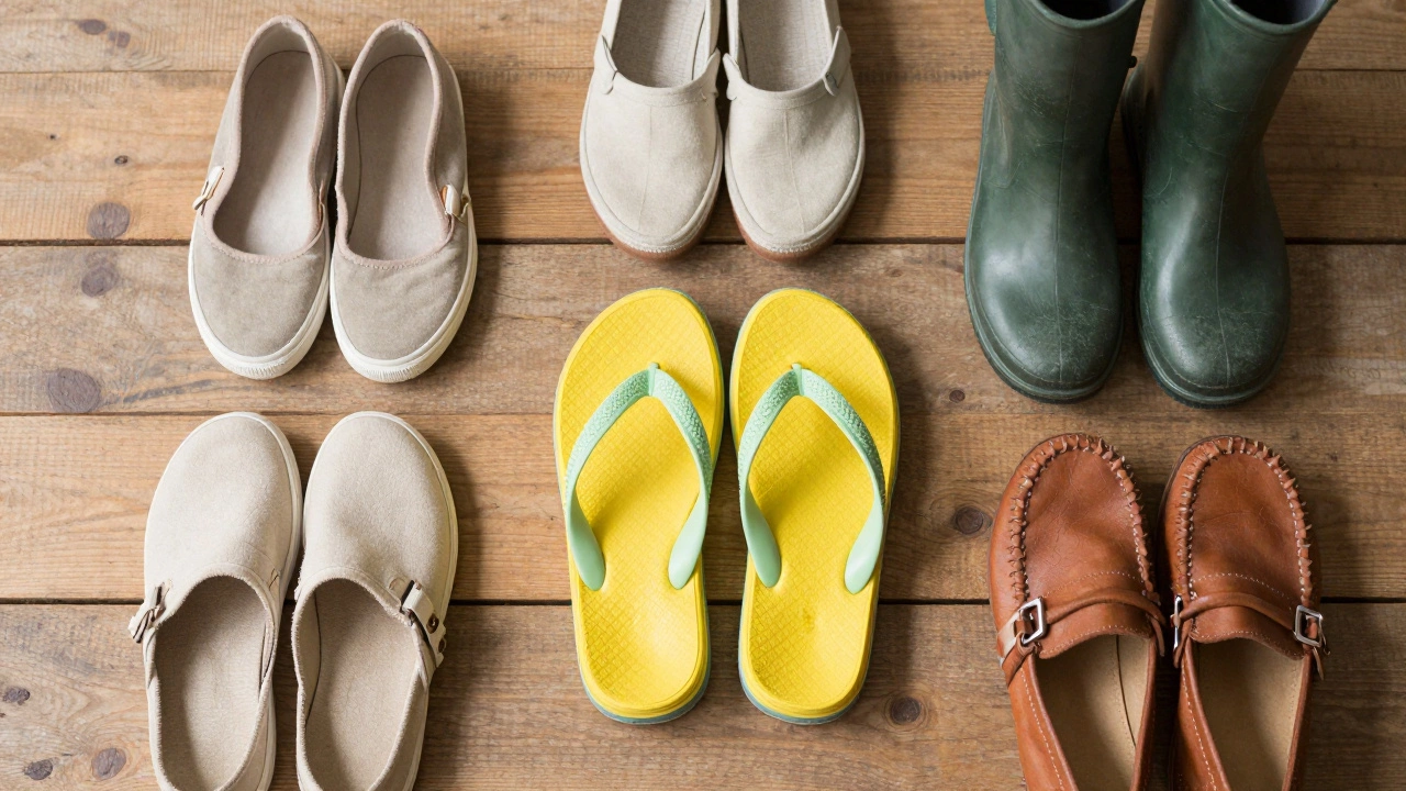 Flat lay of flip-flops, wellies, plimsolls, and moccasins