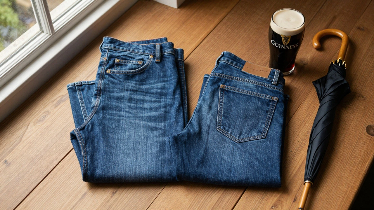 Folded jeans styled with Guinness and umbrella on wood table