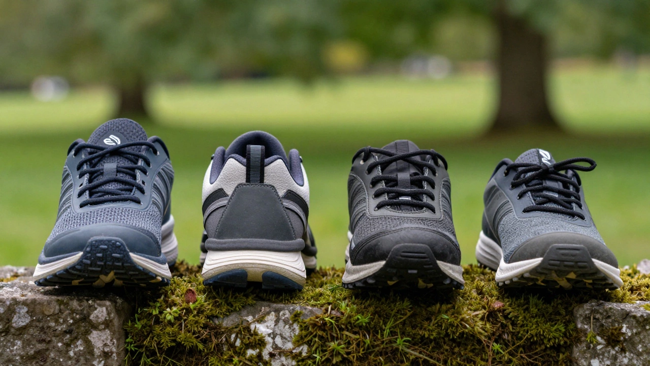 Four types of trainers on a mossy stone wall