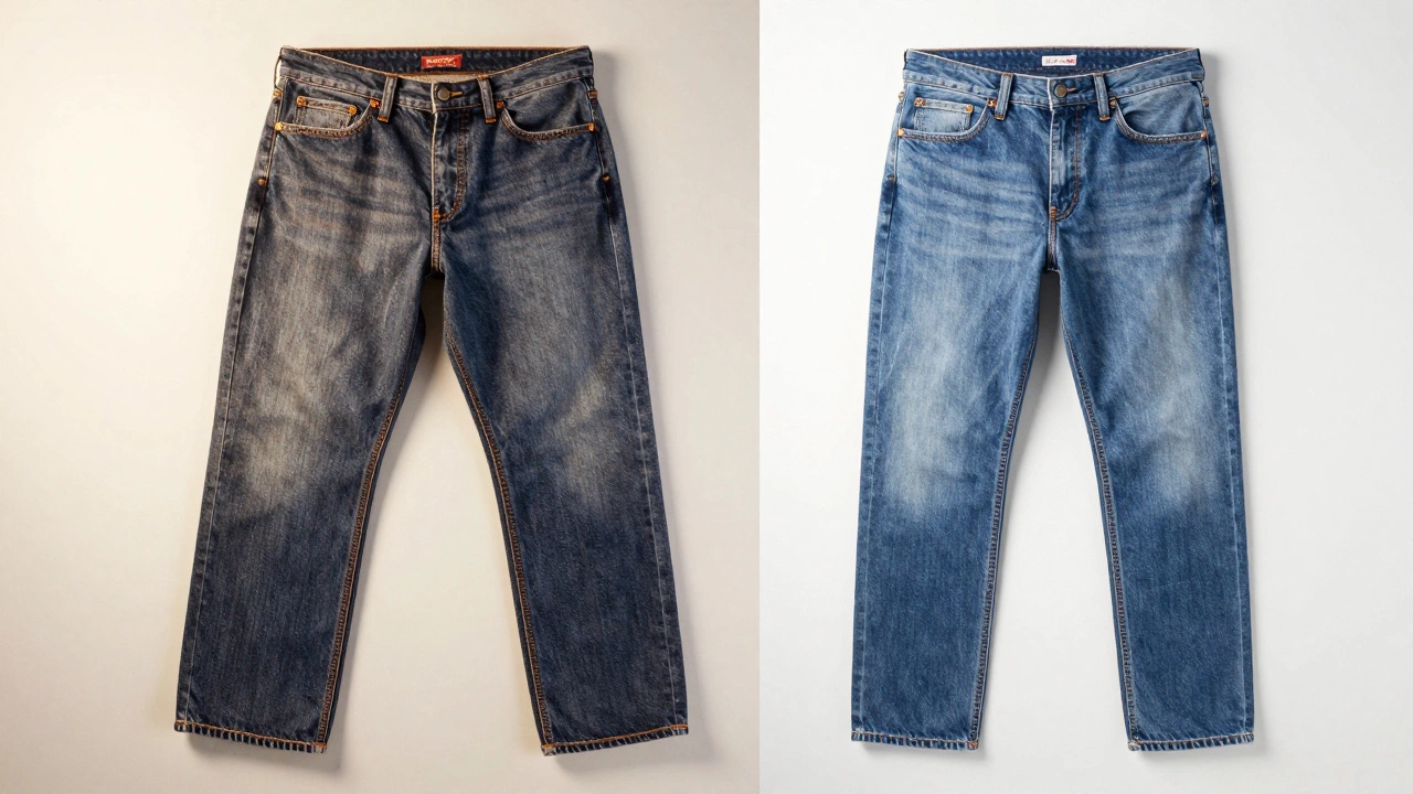 Levi's and Uniqlo jeans displayed side by side showing fabric contrast