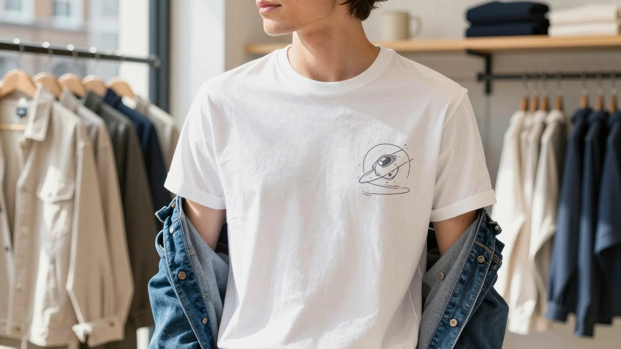 Model wearing minimalist tech-themed t-shirt in boutique