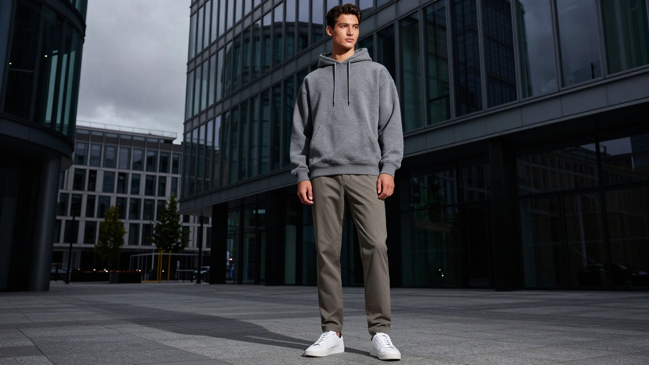 Person styling a baggy hoodie with smart casual attire