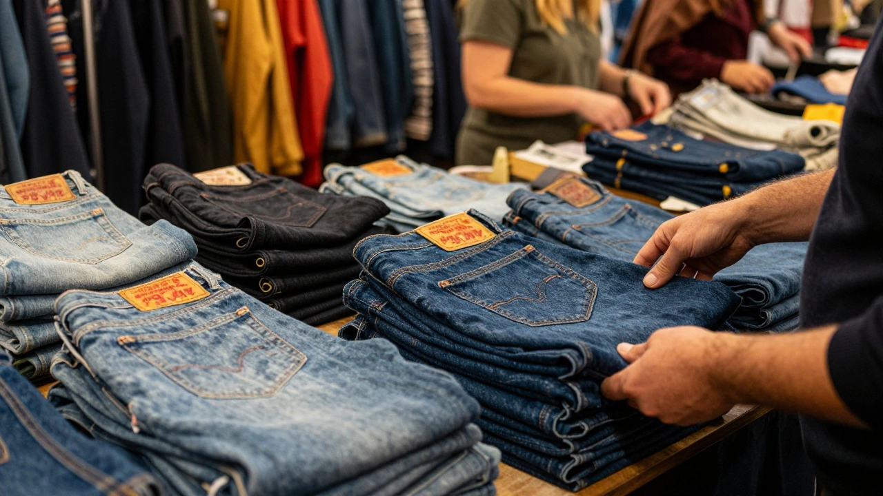 Shoppers browsing vintage denim at a Temple Bar market stall