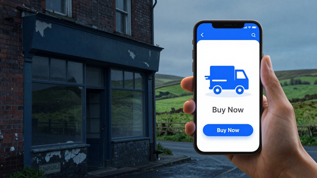 Smartphone showing online shopping app next to old shop
