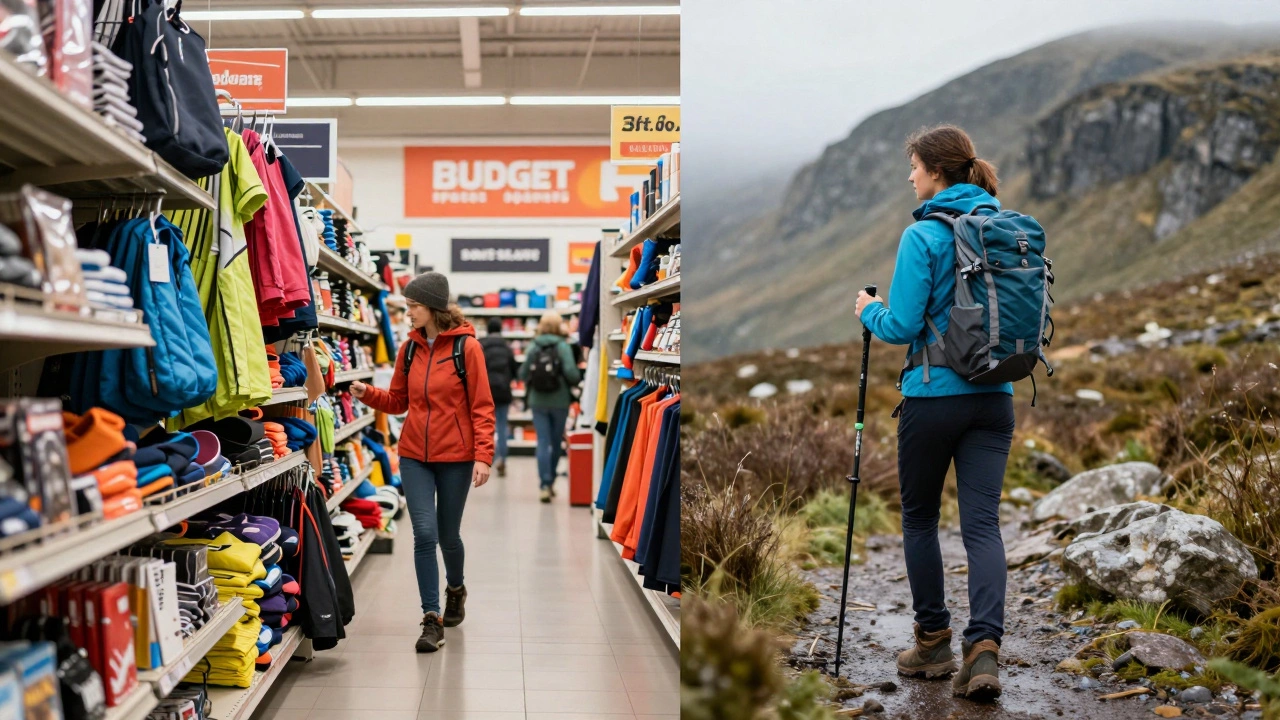 Split image contrasting budget retail aisles with a hiker in durable gear outdoors