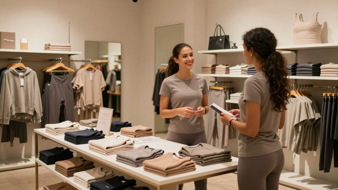 Staff member advising a customer in a minimalist, upscale activewear store