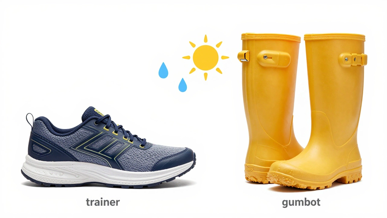 Studio shot comparing a sneaker trainer and a yellow rubber gumboot
