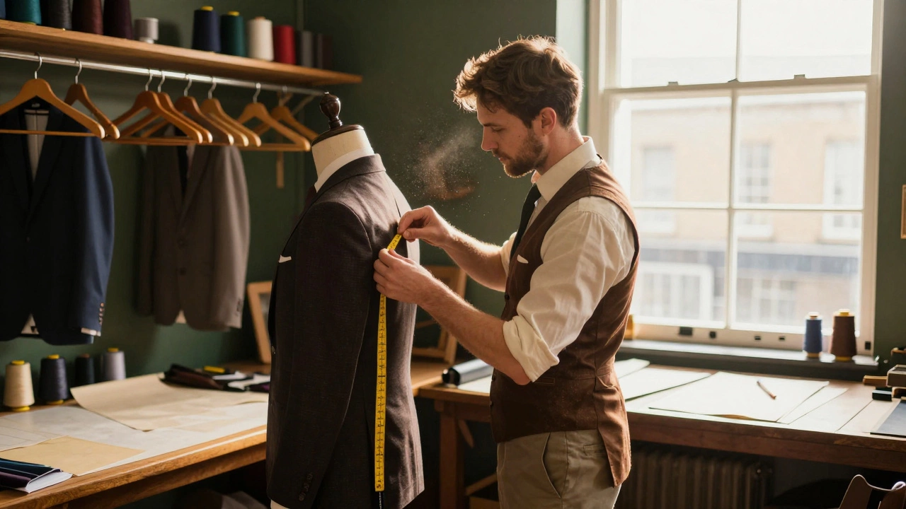 Tailor measuring client for bespoke suit in workshop