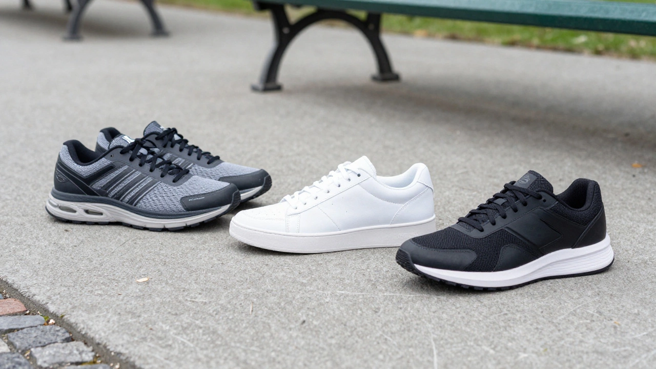 Three types of trainers on concrete: running, court, lifestyle