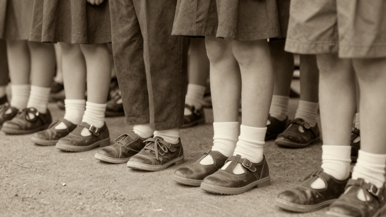 Vintage illustration of Irish schoolchildren wearing canvas plimsolls in a classroom