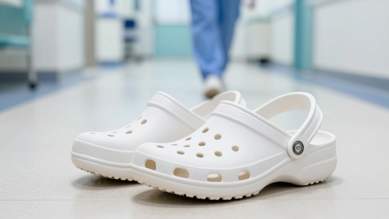 White Crocs clogs on a clean hospital floor near a nurse