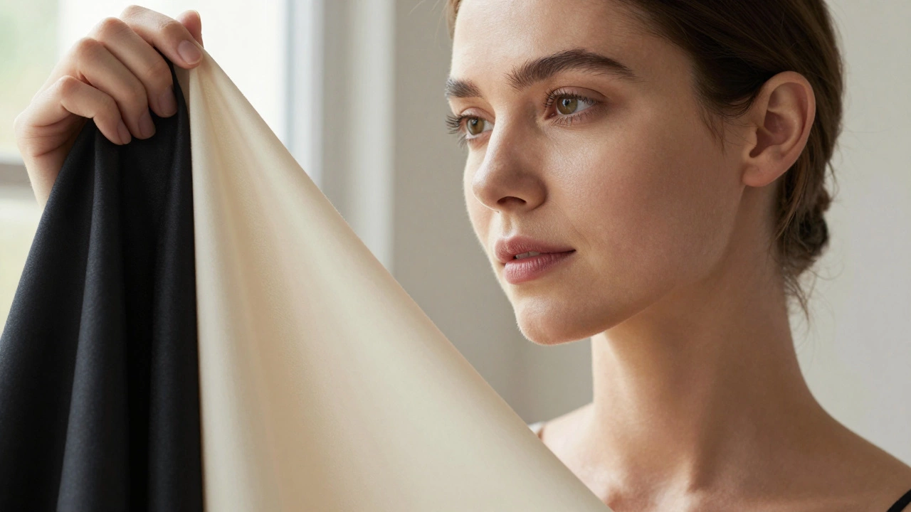 Woman comparing black and ivory fabrics showing light reflection effects on face