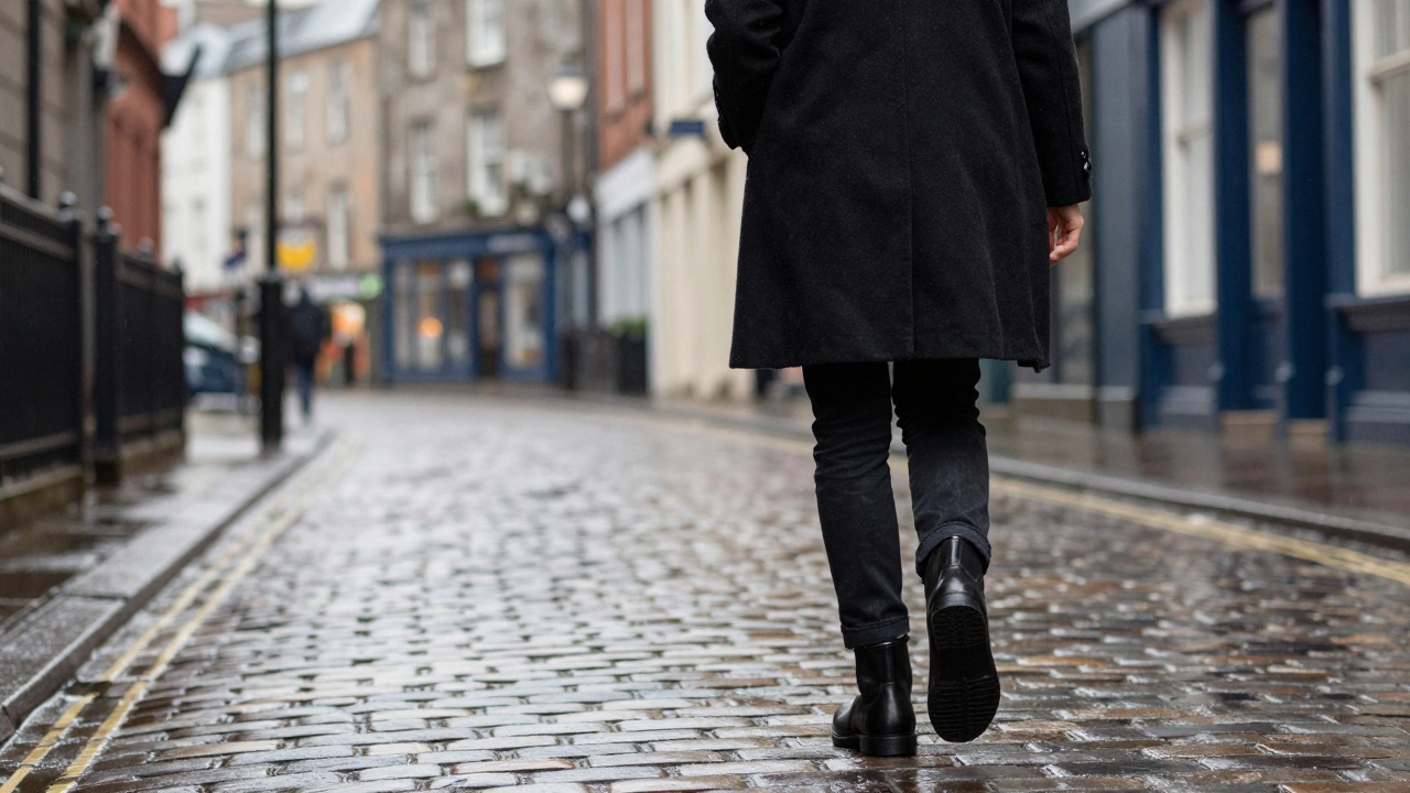 Woman in black jeans and coat walking on wet cobblestone street