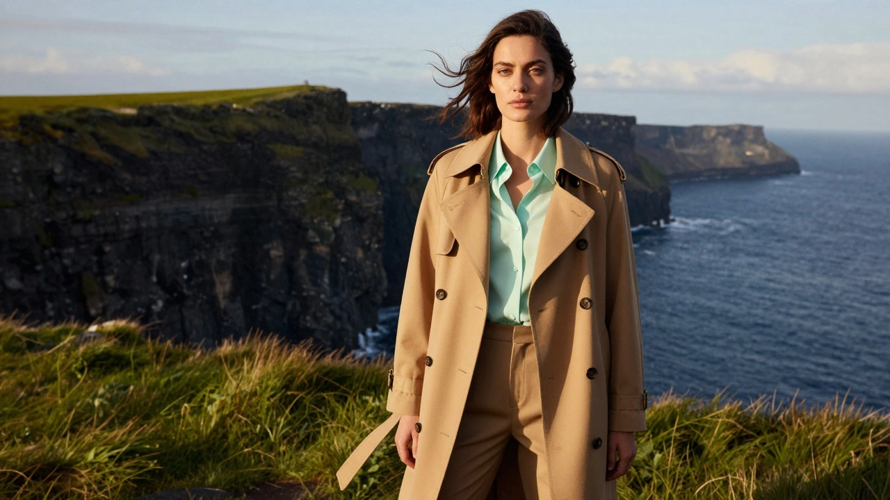 Woman in camel coat and mint blouse standing at Cliffs of Moher in golden light