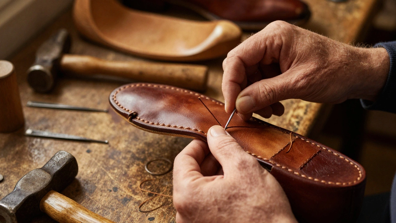 Artisan hand-stitching a leather welt in a cobbler workshop