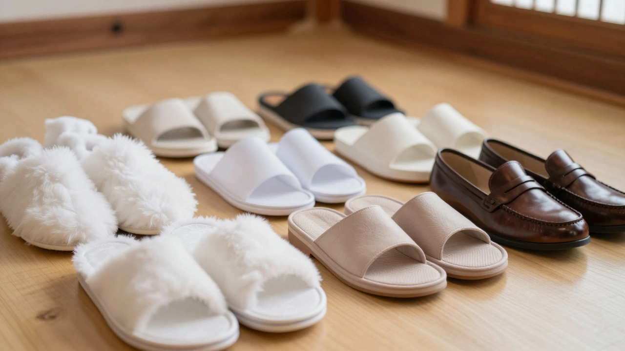 Assortment of Korean indoor slippers including fuzzy, plastic, and leather styles on a warm floor.