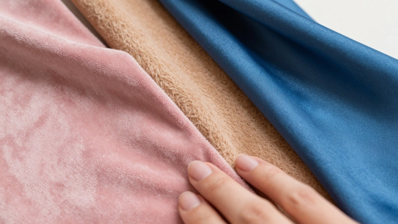 Blush, camel, and sapphire fabric swatches close-up