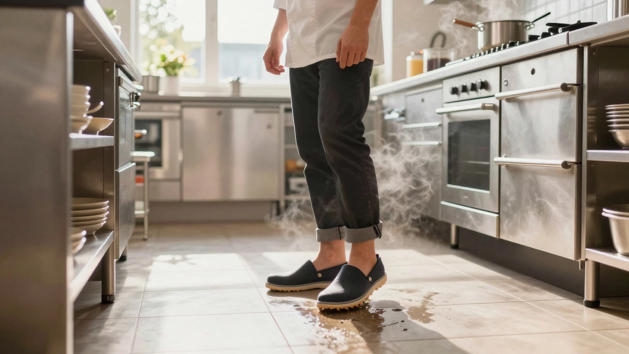 Chef wearing slip-resistant clogs in a bright, modern kitchen